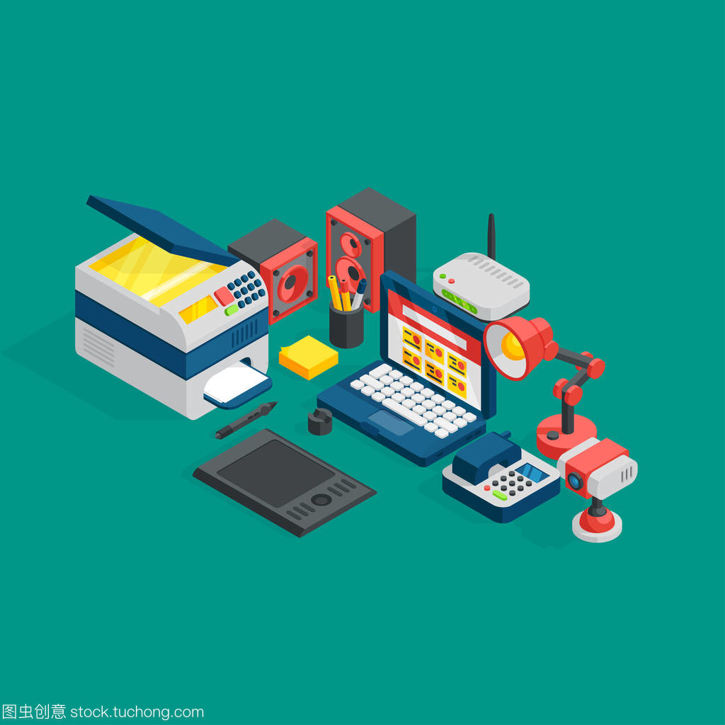 等距视角下的现代办公室 设备与家具的矢量美学